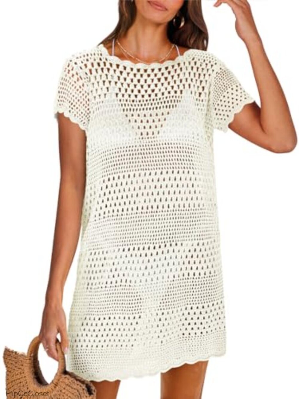 ANRABESS Women's Swimsuit Cover Up Short Sleeve Mesh Knit Beach Dress